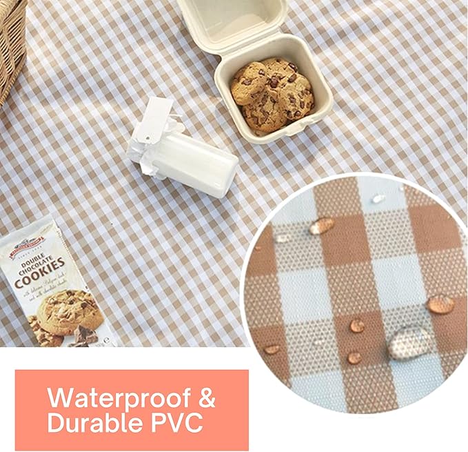 Cute Gingham Picnic Blanket, Waterproof Foldable, in Large 80x60in and Extra Large 80x80in, Portable Compact Beach Blanket, Oversized XL Outdoor Mat (Tan, X-Large)
