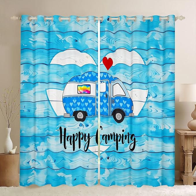 Erosebridal Cartoon Camper Rv Blackout Curtains for Bedroom Living Room Happy Camping Window Curtains 2 Panels 38"Wx54"L Vintage Wooden Drapes,Camper Decorations For Travel Trailers Window Treatments