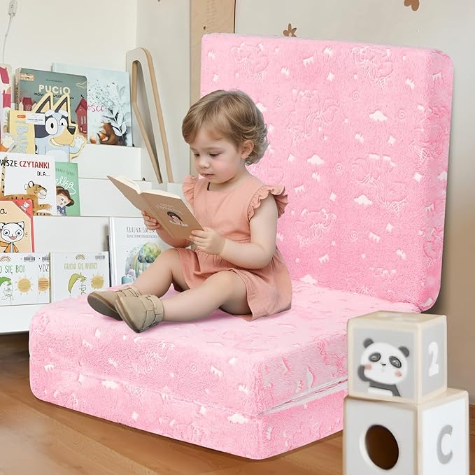 MeMoreCool Glow Unicorn Kids Foldable Floor Mattress Mat with Carry Bag, 3-in-1 Tri-Fold Futon, Soft Plush Glow Cover, Portable for Travel, Pink 75x25 Inch