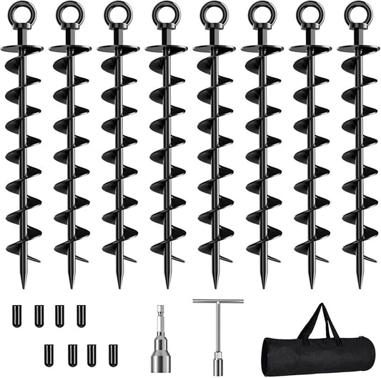 Ground Anchor Screw in, 8 Pack Spiral Trampoline Anchors with Nut and Tool Swing Set Anchors Tent Stakes High Wind Heavy Duty for Sheds, Carports, Mobile Home Black
