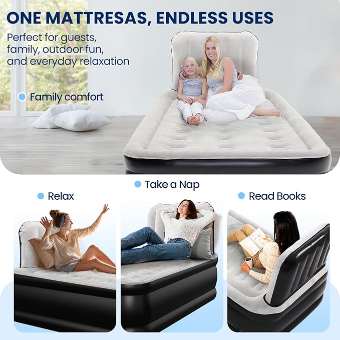Twin Air Mattress with Headboard, Built-in Pump, 600 lbs Heavy-Duty Support, 48-Hour Leak-Tested PVC, 19" Raised Comfort Design, 2.5 Min Fast Inflation, Inflatable Mattress for Home, Guests & Camping