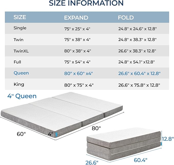Odorless Foldable Mattress Queen Size 80" x 60" x 4", 4 Inch Folding Foam Mattress with Storage Bag, Fiberglass Free Trifold Memory Foam Mattress for RV, Guest Bed