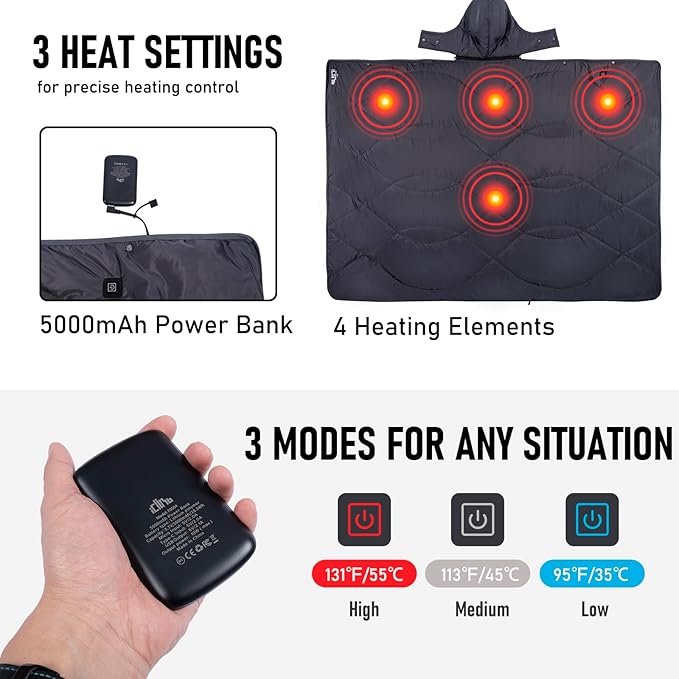 iClimb Heated Camping Blanket with Hood and Battery Pack (Dark Grey)