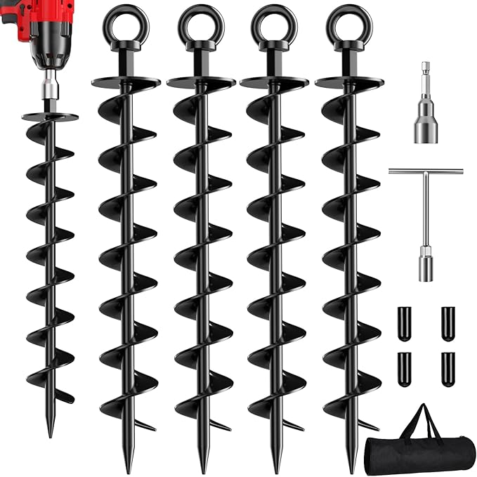 Ground Anchor Screw in, 4 Pack Spiral Trampoline Anchors with Nut and Tool Swing Set Anchors Tent Stakes High Wind Heavy Duty for Sheds, Carports, Mobile Home Black