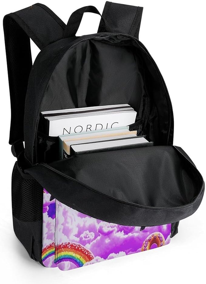 Supdreamc Men Women Polyester Rainbow Unicorn Random Space Galaxy Donuts Daypack Big Capacity Shoulder Bag With Smooth Zippers for Hiking Work Walking Cycling