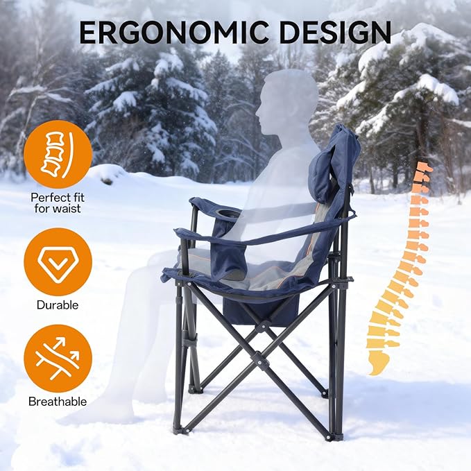 Heated Camping Chairs For Adults, 3 Heating Level For Back And Seat, Foldable Camping Chairs With Cup Holders & Pillow For Outdoor Sports, Camping, Patio, Picnics, Battery Not Included, Navy