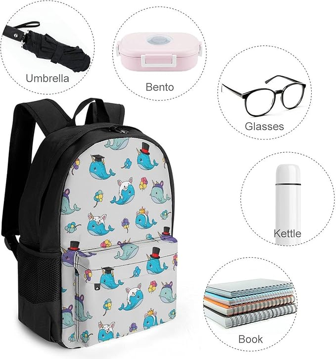 Rucksack Anti-Theft Multipurpose Big Capacity Carry On Bag, Narwhals With Hats Traveling Camping Backpack With Side Pockets