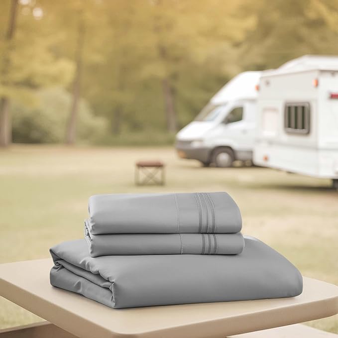 Hearth & Harbor Short Queen Sheets for RV, Grey RV Queen Sheets, Silky Soft 1800 Microfiber Bed Sheet for Camper, 4 Piece RV Bedding with Pillowcases