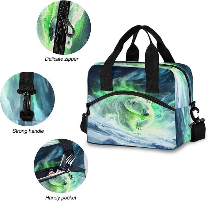ALAZA White Bear Green Aura Lunch Box for Men Women Adults Insulated Lunch Bag Cooler Bag with Adjustable Shoulder Strap for Work Picnic Travel