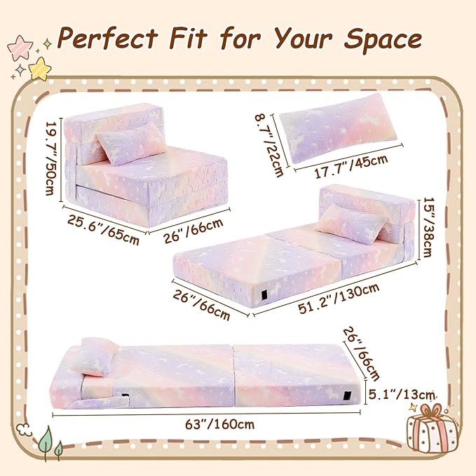 Folding Sofa Bed Floor Mattress for Kids with Pillow, Toddler Washable Folding Floor Nap Mat Futon, Child Foldable Sofa Chair with Storage Bag for Playroom, Camping, Girls and Boys, Purple