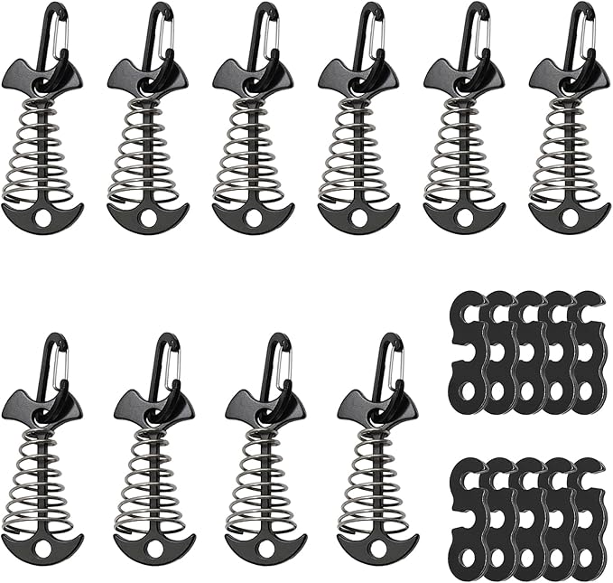 10 Pcs Deck Anchor Pegs Tent Stakes Large Size 55mm, Tent Pegs Anchors Aluminum Alloy Fishbone Spring Hooks Tent Stakes with Spring Buckle, Portable Wind Rope Anchor, Black