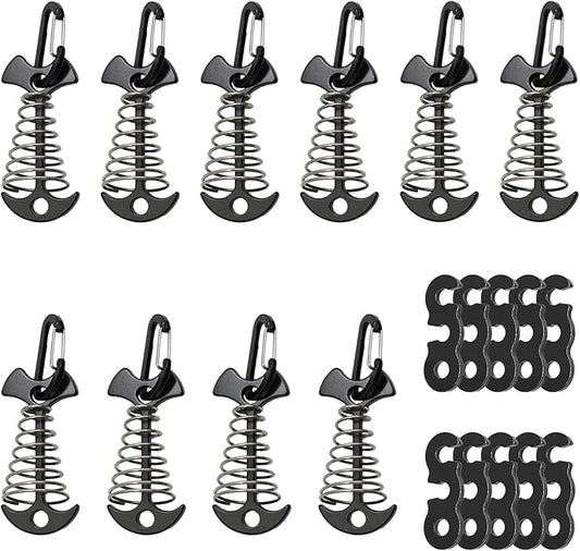 10 Pcs Deck Anchor Pegs Tent Stakes Large Size 55mm, Tent Pegs Anchors Aluminum Alloy Fishbone Spring Hooks Tent Stakes with Spring Buckle, Portable Wind Rope Anchor, Black