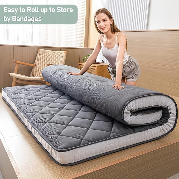MAXYOYO Japanese Floor Futon Mattress - Extra Thick Twin Bed Topper, Roll Up Foldable Single Portable, Diamond Patterned Futon Bed, Dark Grey