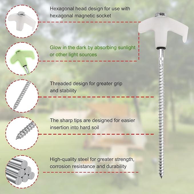 4 Pcs Tent Stakes Heavy Duty, 8 in Ground Anchors Screw in, Grow in The Dark Screw in Tent Stakes, Camping Stakes with Storage Box, Threaded Tent Spikes with Hex Head Driver and Stake Puller