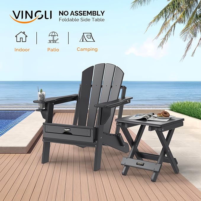 VINGLI Small Folding HDPE Side Table, Plastic Waterproof Portable Adirondack Coffee End Tables, All Weather for Patio, Backyard, Pool, Indoor Use, Black