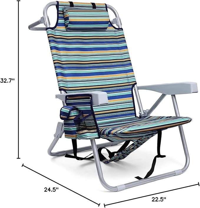 Backpack Beach Chair for Adults, Folding Beach Chair with 4 Positions, Heavy Duty Chair with Large Cooler Pouch Support to 350LBS (Stripes_Blue&Cyan&Yellow)
