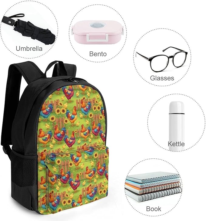 Shoulder Book Bags Polyester Multipurpose Anti-Theft Rooster Chicken Garden Flowers Painting Carry On Bag Large Capacity Travel Hiking Camping Rucksack