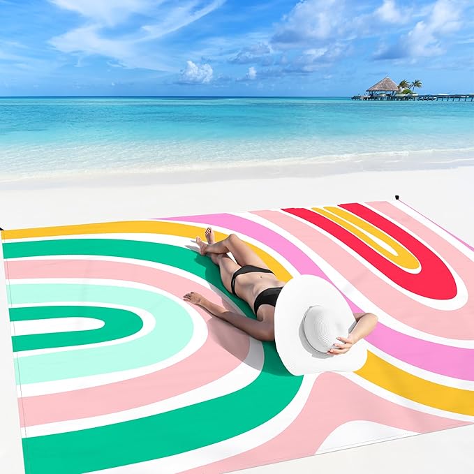 Beach Blanket, Waterproof Sandproof Beach Mat with 4 Stakes & 4 Pockets, 78''×86'' Large Compact Lightweight Sand Free Outdoor Essentials for Beach, Picnic, Travel, Camping