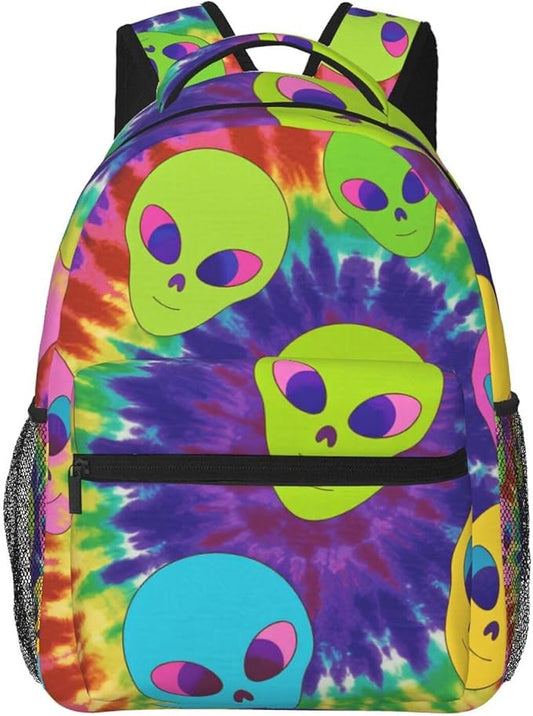 Lightweight Daypack Backpack for Trekking Work Running, Big Capacity Multipurpose Anti-Theft Bookbag, Colorful Alien Tie Dye Art Business Computer Bag