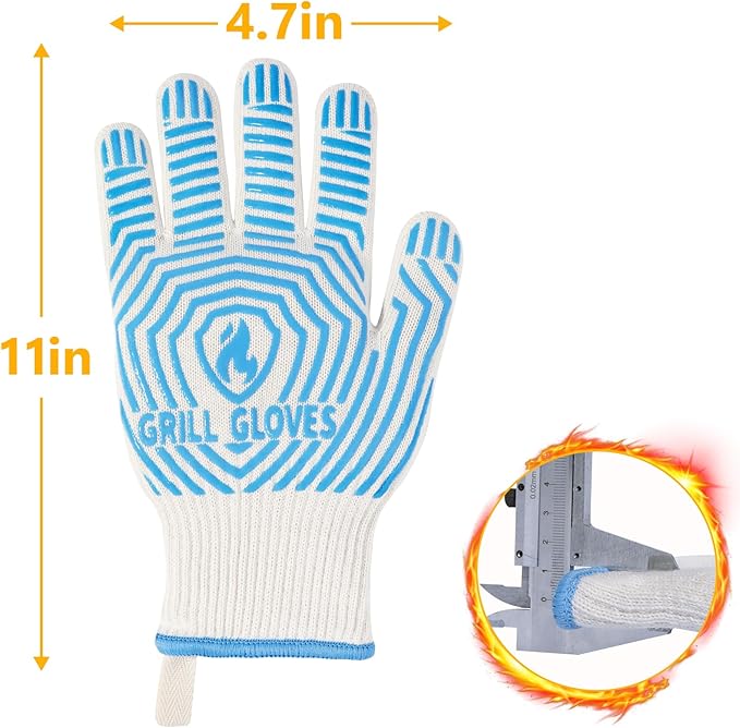 QUWIN BBQ Gloves, Oven Gloves 1472℉ Extreme Heat Resistant, Grilling Gloves Silicone Non-Slip Oven Mitts, Kitchen Gloves for BBQ, Grilling, Cooking, Baking-1 Pair… (Blue, One Size Fits Most)