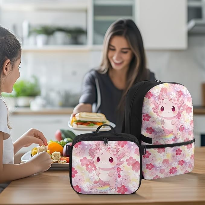 HUGS IDEA Cute Axolotl Kids Backpack with Matching Lunch Box for Girls Cute Backpack for School Girls School Bag Set for Elementary Students Kids Casual Camping Hiking Daypack