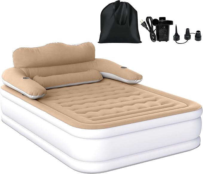 DWVO FullXL Size Air Mattress with Headboard & Cup Holders, Blow Up Bed with Built-in Pump & Carry Bag, Fast Inflation Air Bed for Home, Guests & Camping, 80" x 53" x 18", Brown