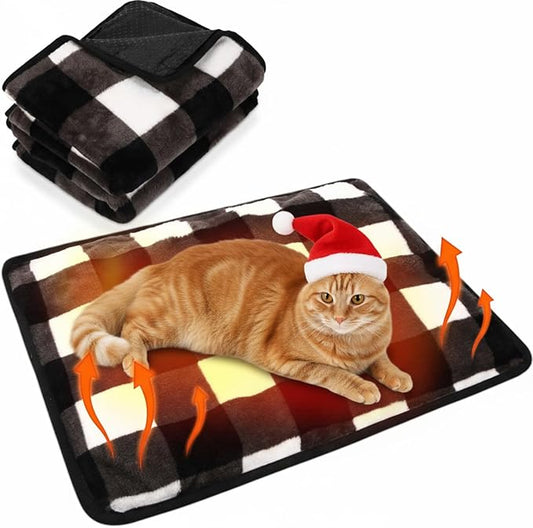 2 Pack Self Warming Cat Bed Self Heating Dog Pad Cat Warming Pad Thermal Pet Mat Washable Reflect Body Heat Removable Cover for Indoor Kittens Puppies (Black White Plaid,16 x 20 Inch)
