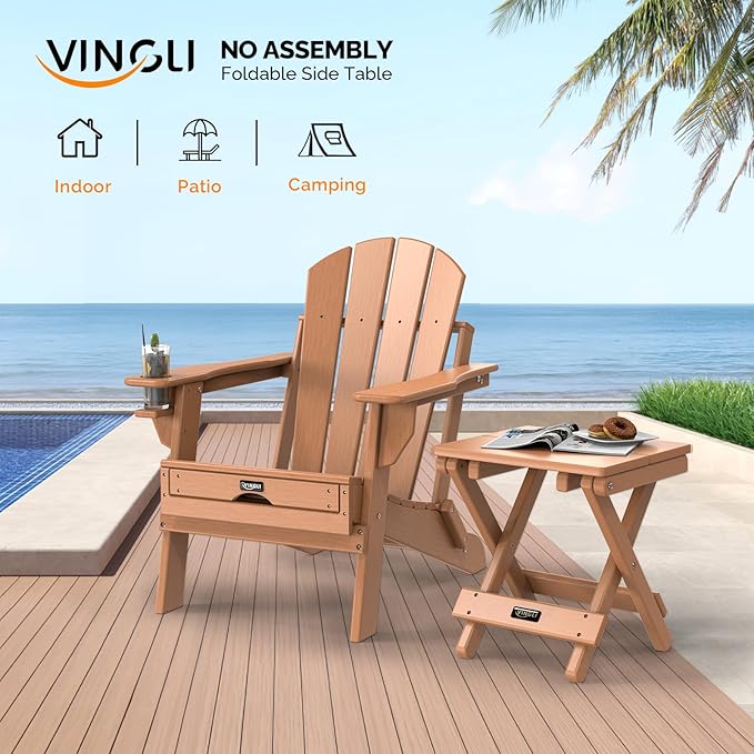 VINGLI Small HDPE Folding Side Table, Plastic Waterproof Portable Adirondack Coffee End Tables, All Weather for Patio, Backyard, Pool, Indoor Use, Teak