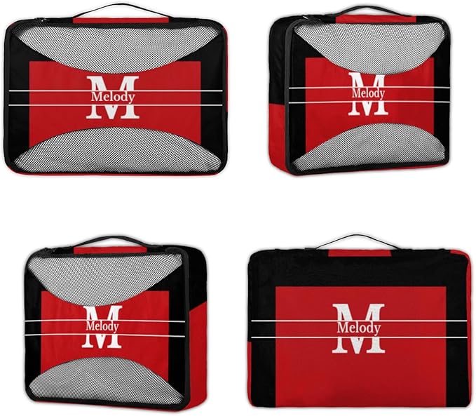 4pc Personalized Name Packing Cubes for Travel - Luggage Packing Organizers - Travel Packing Cubes for Suitcases, Red with Black, Initial Letter