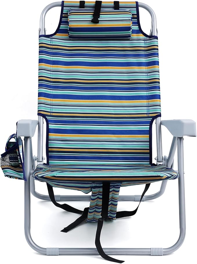 Backpack Beach Chair for Adults, Folding Beach Chair with 4 Positions, Heavy Duty Chair with Large Cooler Pouch Support to 350LBS (Stripes_Blue&Cyan&Yellow)