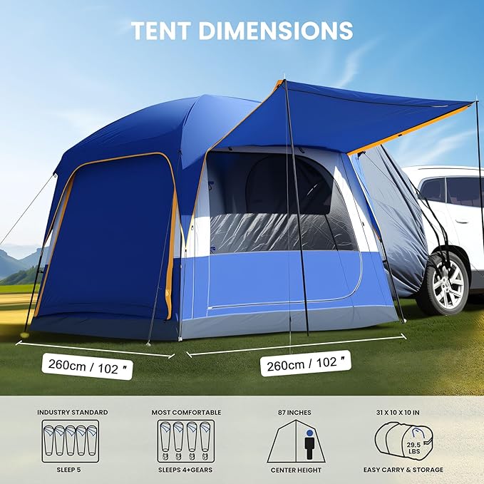 SUV Tents for Camping, Car Tents for Camping 4-6 People, PU 3000mm Waterproof SUV Tent Attachment Tailgate Tent for Car, Spacious Space 8.2'L x 8.2'W x 7.2'H with 2 Awnings & Double Door