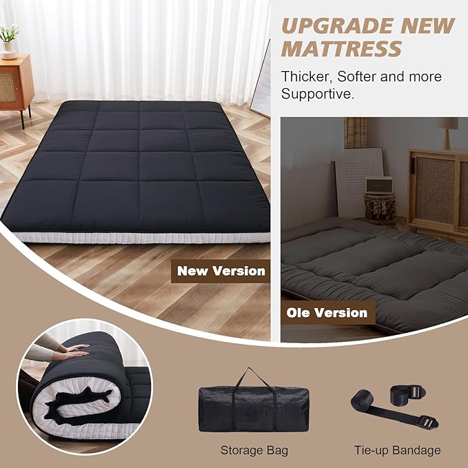 Queen Size Futon Mattress - Extra Thick Foldable Japanese Floor Mattress - Memory Foam Sleeping Pad for Adults - Tatami Mat Suitable for Camping & Guest -Black