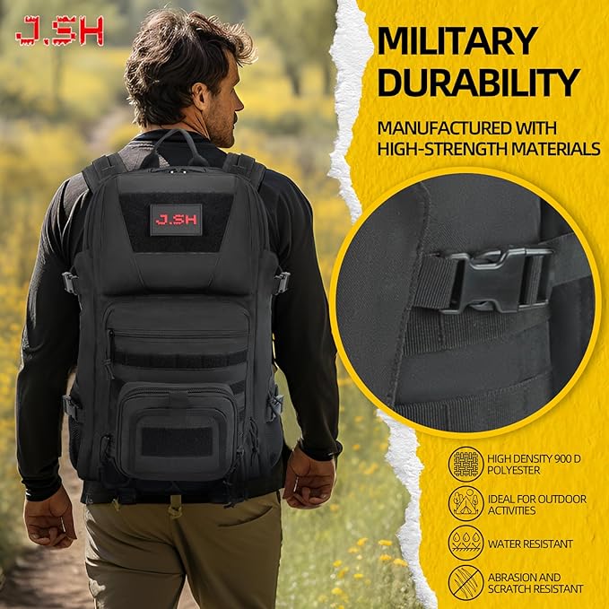 J.SH 50L Military Tactical Backpack for Men, 3 Day Assault Backpack, PVC Waterproof Coating & MOLLE System, Holds 17in Laptop Suitable for Hiking, Camping, Survival Training, Gym Backpacks - Black