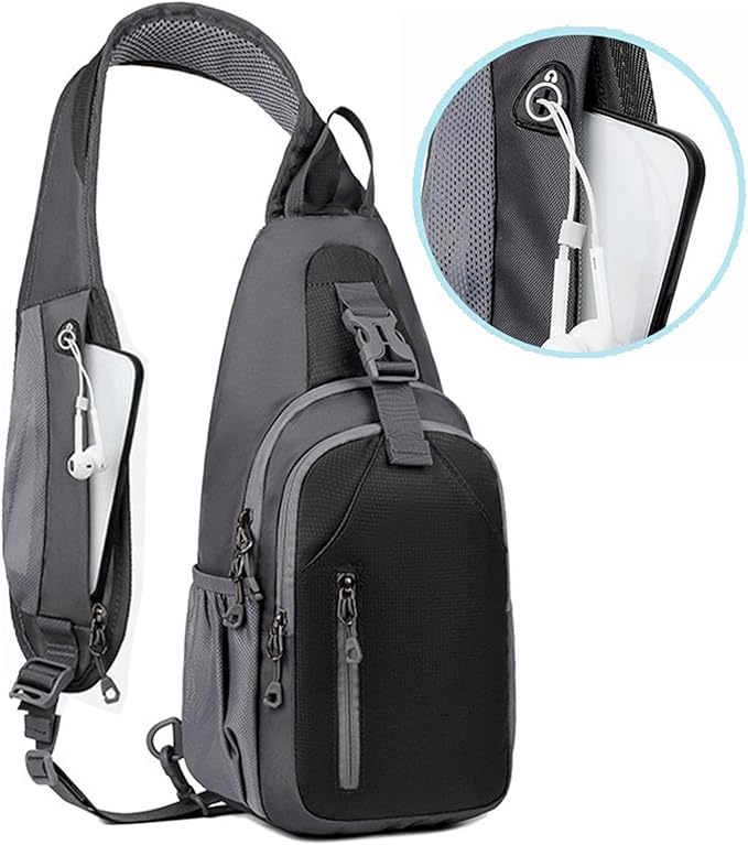 Sling Bag for Mens Crossbody Bag Travel Sling Backpack Hiking Daypack Chest Bag Shoulder Bag, Large Cross Body Bag with Chest Phone Holder Black&Grey