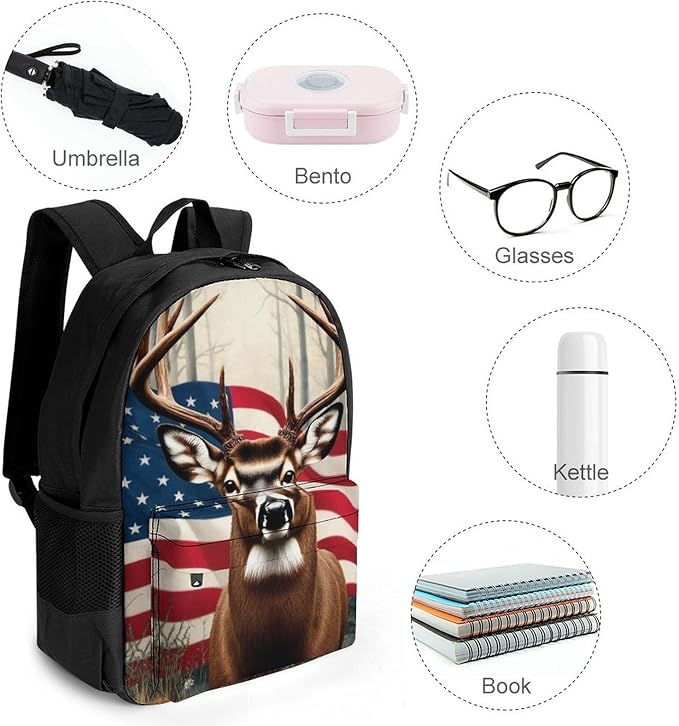 Supdreamc Lightweight Daypack for Camping Business Walking Cycling, Large Capacity Anti-Theft Multipurpose Bookbag, American Flag Hunting Camo Tree Deer Gym Outdoor Hiking Backpack