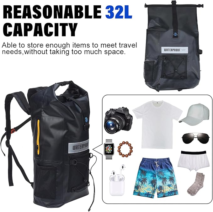 Blueshyhall 32L Waterproof Dry Backpack, Roll Top Sack Storage Bag for Travel Kayaking Rafting Boating Fishing Camping, Black