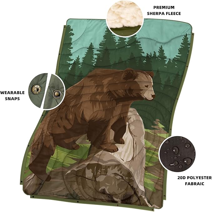 Outdoor Camping Blanket with Sherpa Lining, Extra Warm Thick Camp Blankets and Puffy Ultralight Soft Poncho DWR Camping Quilt for Cold Weather, Adventure, Sleeping, Backpacking 56"x 40"