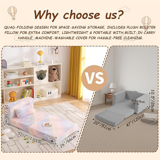 Folding Sofa Bed Floor Mattress for Kids with Pillow, Toddler Washable Folding Floor Nap Mat Futon, Child Foldable Sofa Chair with Storage Bag for Playroom, Camping, Girls and Boys, Purple