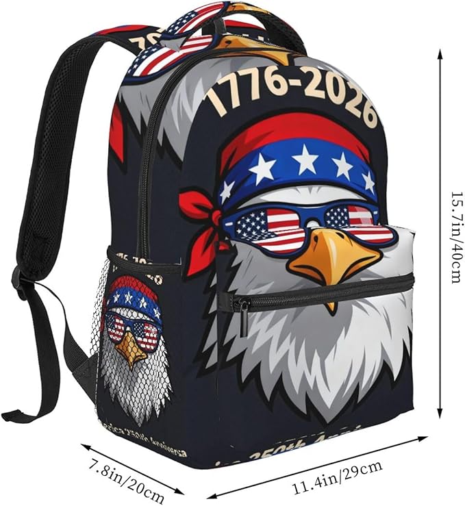 Men Women Polyester 250 Years 1776-2026 250th Birthday Eagle Liberty Art Backpack Large Capacity Bookbag With Smooth Zippers for Climbing Picnic Bicycle