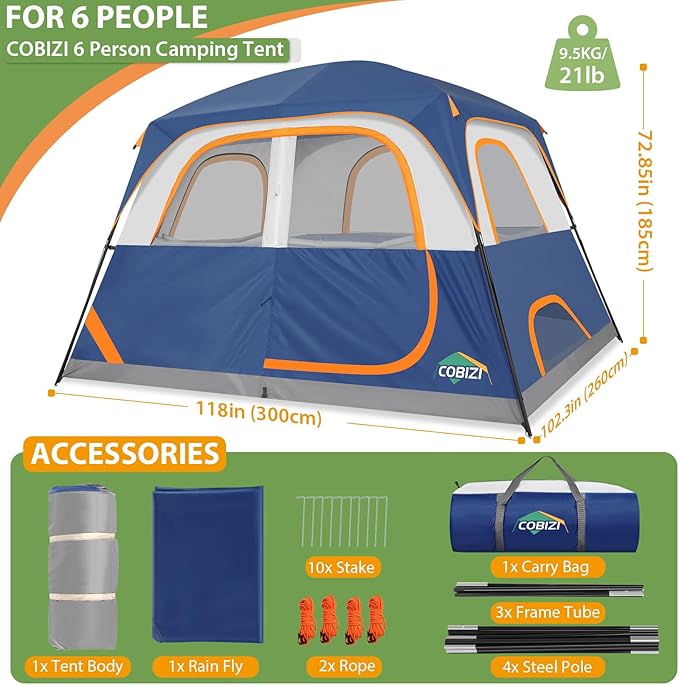 COBIZI Tents for Camping 4/6 Person Camping Tent with Rainfly and Screen, Easy Setup Lightweight Portable Waterproof Outdoor Tent with Carry Bag for Backpacking, Hiking, Family Travel