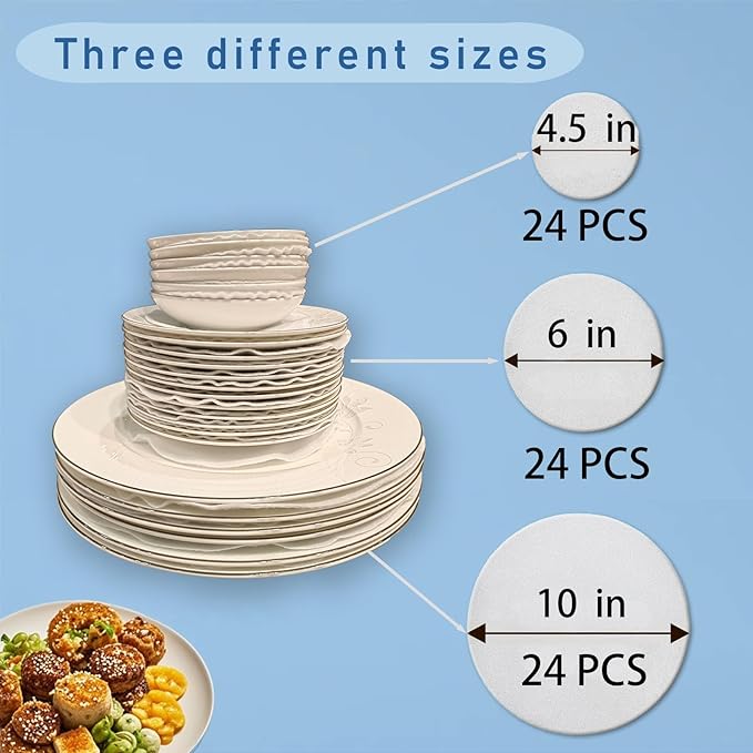 Felt Plate Dividers, 72 PCS Soft Premium Plate Protectors for Stacking Cookware Storage, Washable & Reusable Separators Pads for Stacking & Protection, 24 Each of 10/6/4.5 inch