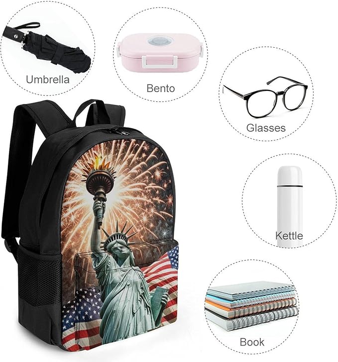 Supdreamc Men Women Lightweight Statue Of Liberty American Flag Firework Patriotic Casual Daypack Big Capacity Bookbag With Padded Straps for Gym Travel Walking Cycling