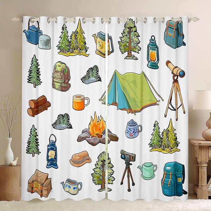 Feelyou Camper Theme Curtains for Bedroom Living Room Happy Camping Blackout Shades Adventure Camper Room Darkening Curtain Window Treatments, 2 Panels 52 x 63 Inch Decor