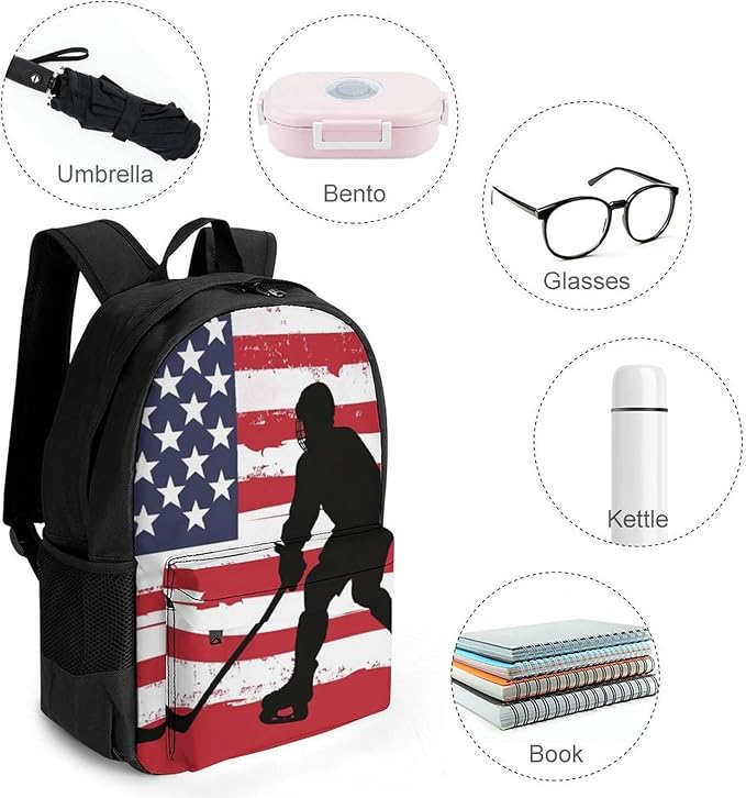 Supdreamc Backpack Anti-Theft Multipurpose Large Capacity Carry On Bag, American Hockey Flag Art Camping Outdoor Backpack With Side Pockets