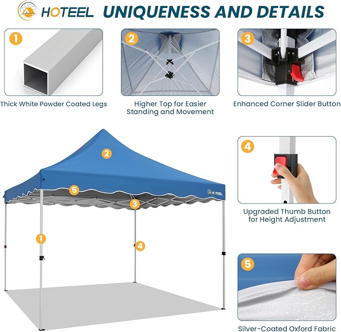 HOTEEL Canopy Tent 10x10 Pop Up Canopy, Easy Setup Canopy Tent with Sandbags, Stakes & Ropes, UPF 50+ Waterproof Outdoor Instant Portable Shelter for Party, Events, Vendor, Blue
