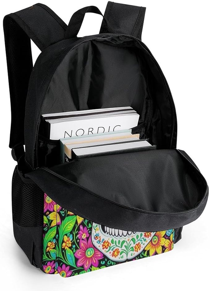 Supdreamc Men Women Polyester Colorful Floral Sugar Skull Daypack Big Capacity Shoulder Bag With Adjustable Shoulder Straps for Camping Travel Walking Cycling