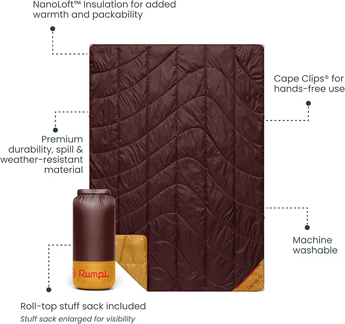 Rumpl Backcountry Puffy Blanket - Packing Comfort Into Uncomfortable Places, 100% Recycled Polyester Insulation, Lightweight, Packable, Water Resistant, 52" x 75", Redwood