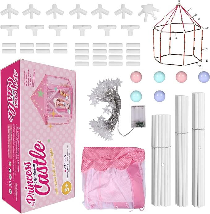 Princess Tent with LED Star Lights,Kids Castle Play Tent for Girls,Large Playhouse Girl Toy Gifts Age 3+,Indoor and Outdoor Games 55.5"x 53"(DxH)