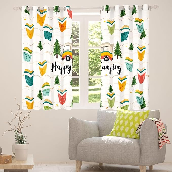 Erosebridal Happy Camping Window Curtains 38" Wx54 L Summer Camp Camper Blackout Curtains for Bedroom Living Room,Camping Adventure Window Treatments Travel Car Rv Forest Drapes Decor 2 Panels