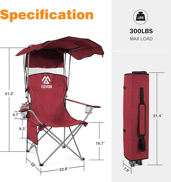 Elevon Camping Chair, Oversized Folding Chair with Canopy, Portable Outdoor Chair with Arms, Cup Holder and Carry Bag for Camping, Fishing, Beach, and Sports, Red